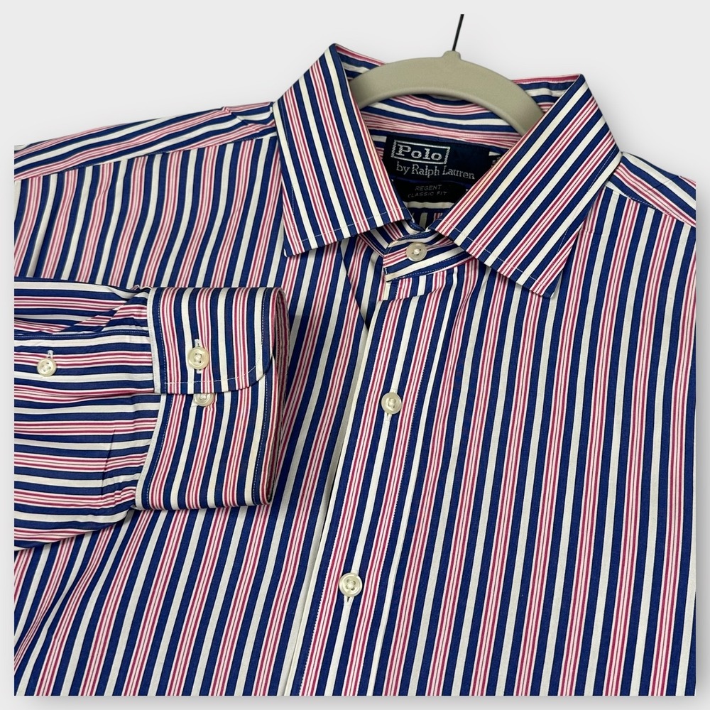 Polo Ralph Lauren‎ Shirt Mens XL 17.5 Blue Pink White Striped Regent Classic VTG